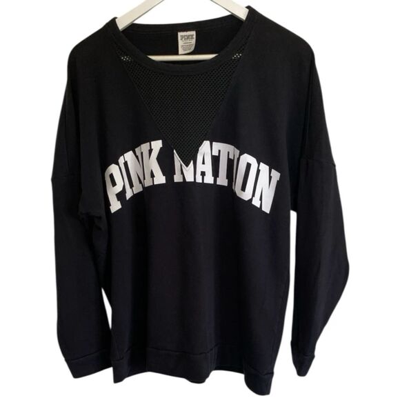 Victoria's Secret Tops - Victoria’s Secret Sweatshirt Size LG Black PINK NATION Mesh V-Shape Drop